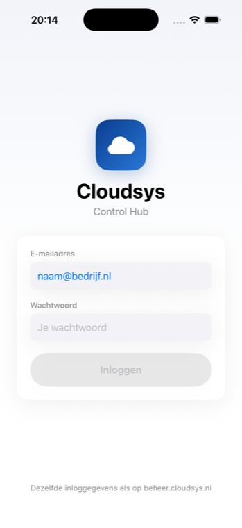 Het inlogscherm van de Cloudsys-app