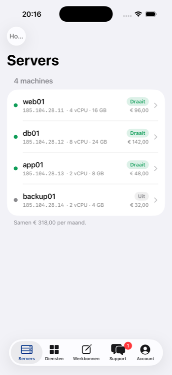 Serverlijst in de Cloudsys-app