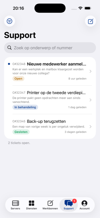 De Cloudsys-app met een overzicht van je tickets