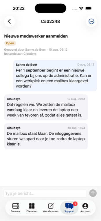 Een gesprek over een ticket in de Cloudsys-app