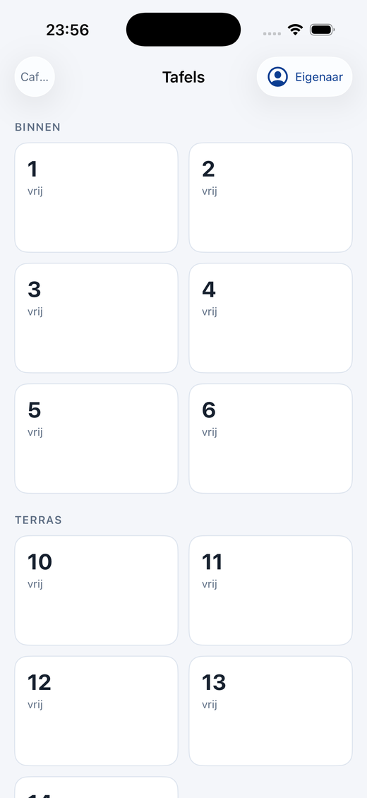 Het tafeloverzicht in de app, met tafels per zone