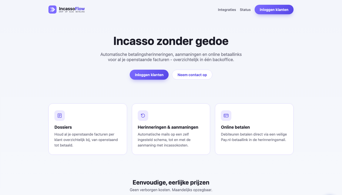 De startpagina van IncassoFlow met dossiers, herinneringen en online betalen
