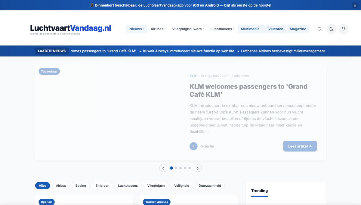 De startpagina van LuchtvaartVandaag.nl met het laatste luchtvaartnieuws
